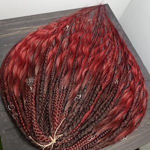 Burgundy Red Boho Synthetic Dreads with Braids and Curls – Textured Dreadlock Extensions Set