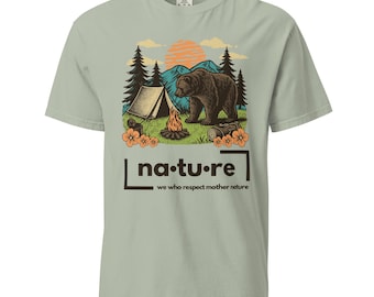 Camiseta de oso de algodón orgánico: Gráfico de acampada natural, camiseta unisex suave