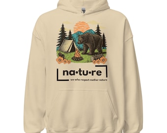 Sudadera con capucha de naturaleza estampada a mano: diseño de oso de algodón orgánico