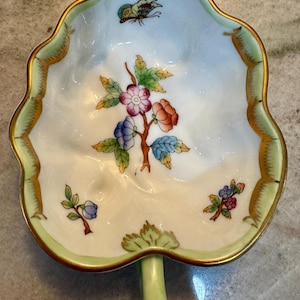 Herend Hungary Hand-Painted Porcelain Dish | Mini Floral Trinket Tray with Handle