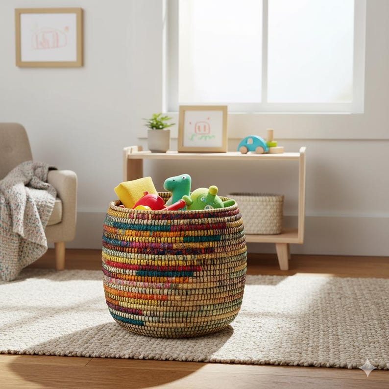 Cesta multicolor de yute tejida a mano estilo boho, cesta redonda sostenible para almacenamiento o lavandería, producto de comercio justo, hecha por mujeres, organizador para el hogar, Kansrass imagen 7