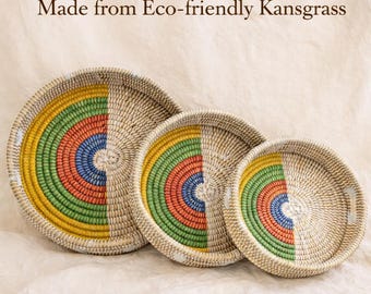 Juego de 3 cestas tejidas a mano estilo bohemio, hechas de fibras naturales, ecológicas, de comercio justo, rústicas, multicolores, estilo yute.