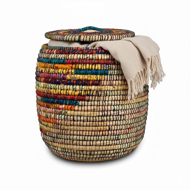 Cesta multicolor de yute tejida a mano estilo boho, cesta redonda sostenible para almacenamiento o lavandería, producto de comercio justo, hecha por mujeres, organizador para el hogar, Kansrass imagen 11
