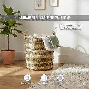 Hand Woven Round Laundry Seagrass Style Kansgrass with Lid & Handles, Natural Storage Bin | Boho Home Décor | Organizer Artisan ecofriendly