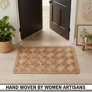 Boho Style Handwoven Jute Doormat Sustainable Natural Fiber Rug Two Toned Crafted By Her Artisan Home Décor 36 x 24 Boho Rug