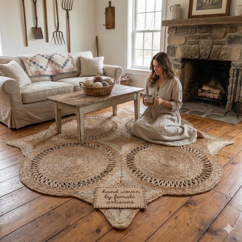 Handwoven Jute Floor Rug Mat Natural Fiber Eco Friendly Boho Home Décor | Organic Handmade by Women Artisans bild 3