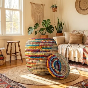 Cesta multicolor de yute tejida a mano estilo boho, cesta redonda sostenible para almacenamiento o lavandería, producto de comercio justo, hecha por mujeres, organizador para el hogar, Kansrass imagen 2