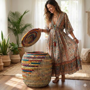 Cesta multicolor de yute tejida a mano estilo boho, cesta redonda sostenible para almacenamiento o lavandería, producto de comercio justo, hecha por mujeres, organizador para el hogar, Kansrass imagen 3