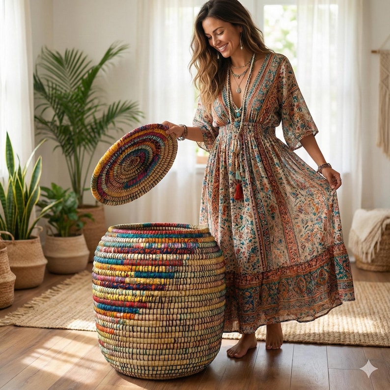Cesta multicolor de yute tejida a mano estilo boho, cesta redonda sostenible para almacenamiento o lavandería, producto de comercio justo, hecha por mujeres, organizador para el hogar, Kansrass imagen 3