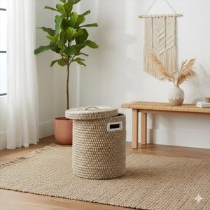 Seagrass Style Round Laundry Storage Basket with Lid Handwoven Kansgrass Natural Boho Eco Friendly Home Decor Artisan Made modernist style