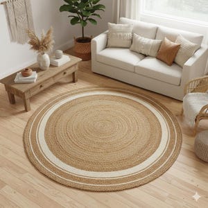Round Jute Rug for Boho Home Decor two toned Mat 48 inch diameter great for living room or bedroom