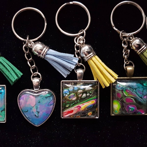 Handpainted Bright Colourful Keyring, Round, Square and Heart Shaped Pendant Design, Individual One Off Jewellery Gift