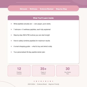May include: A book cover titled "PEPTIDES 101" with the subtitle "The Complete Beginner's Guide for Women." The cover features text about skincare, wellness, and step-by-step guides. It includes information on peptides, routines, and a 30-day plan.
