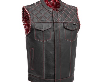 Men's Club Motorbike  Handmade Leather Vest Mesh Liner Motorcycle Waistcoat - Biker Vest