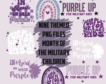 Paquete de diseños PNG del mes de los niños militares en color morado en abril. Diseño para niños militares.