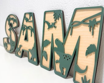 Gepersonaliseerde naambord dinosaurus: kinderkamerdecor, letters dinosaurusthema, bord dinosaurusnaam, muurbord dinosaurusthema voor kinderkamer.