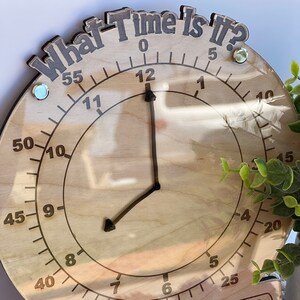 K&ouml;nnte beinhalten: Eine Holzuhr mit hellbraunem Hintergrund und schwarzen Zeigern. Das Zifferblatt der Uhr hat schwarze Zahlen und Markierungen. Die Uhr ist mit "What Time Is It?" in schwarzen Buchstaben beschriftet.