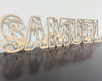 Gepersonaliseerde dinosaurusnaambord: lasergesneden hout, decor junglethema, aangepaste dinosaurusthemabrieven voor kinderen, themabord dinosaurus aan de muur voor kinderen.