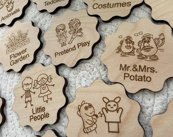 Etichette personalizzate per giocattoli in legno, etichette per contenitori di giocattoli, etichette in legno Ikea Trofast, etichette in legno per contenitori di giocattoli, etichette per contenitori di giocattoli per l'arredamento della sala giochi