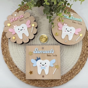 Caja de recuerdo de dientes de leche personalizada, caja de recuerdo de dientes de bebé, caja de recuerdo de dientes de leche de madera, caja de hada de los dientes, caja de recuerdo del primer corte de pelo.