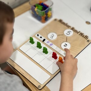 Pu&ograve; includere: Un bambino sta imparando le unioni numeriche con un pannello di legno su cui &egrave; scritto "Number Bond Math". Il pannello ha tre cerchi con i numeri 3, 5 e 2 scritti al loro interno. Il bambino sta usando gettoni colorati per rappresentare i numeri.