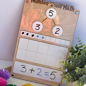 Pu&ograve; includere: Strumento di apprendimento in legno con le parole "Number Bond Math" scritte su di esso. Lo strumento ha cerchi con i numeri 3, 2 e 5 scritti su di essi. Ci sono anche dei contatori e una lavagna a secco con l'equazione 3 + 2 = 5 scritta su di essa.