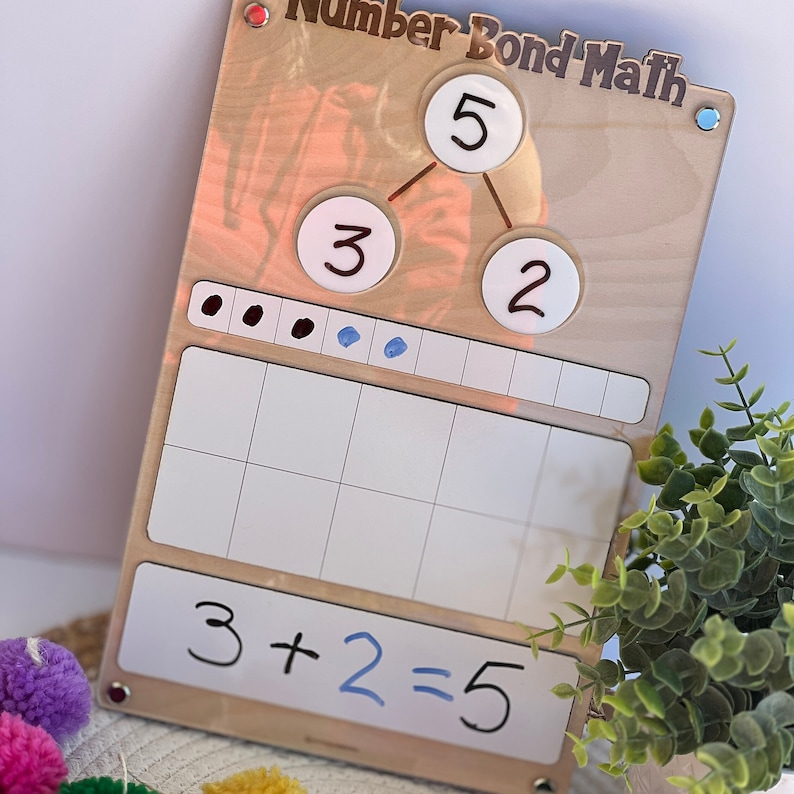 Pu&ograve; includere: Strumento di apprendimento in legno con le parole "Number Bond Math" scritte su di esso. Lo strumento ha cerchi con i numeri 3, 2 e 5 scritti su di essi. Ci sono anche dei contatori e una lavagna a secco con l'equazione 3 + 2 = 5 scritta su di essa.