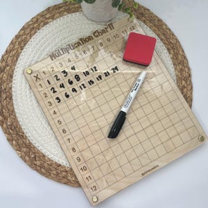 May include: A wooden multiplication chart with a grid of numbers from 1 to 12. The chart is on a woven mat and has a black dry-erase marker and a red eraser next to it.