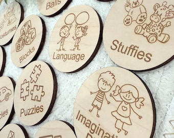 Etichette personalizzate per contenitori per giocattoli, etichette personalizzate per giocattoli in legno, etichette in legno Ikea Trofast, etichette per contenitori per giocattoli, etichette per contenitori per giocattoli per la sala giochi dei bambini