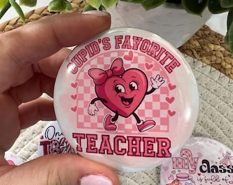Teacher Theme Valentines Pinback Buttons, Giftable Valentines Pin Buttons For Teachers, Valentine&#39;s day Teachers  Pins, Valentines Day Gifts