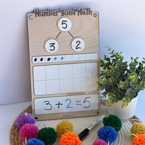 Matematica sui legami numerici, parte parte intera, matematica per l'asilo, senso dei numeri, lavagna per esercizi di matematica per l'asilo, lavagna matematica Montessori, addizione immagine 1