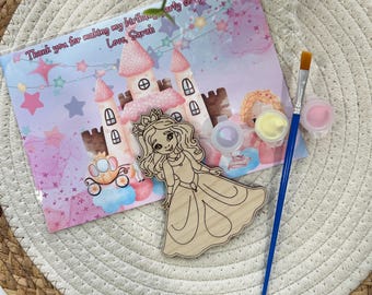 May include: A princess-themed paint-your-own wooden craft kit with a thank you note that says "Thank you for making my birthday party so special! Love, Sarah". The kit includes a wooden princess cutout, paint, and a paintbrush.