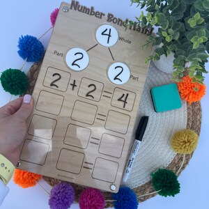 Puede incluir: Un tablero de matem&aacute;ticas de enlace num&eacute;rico de madera con una cubierta de pl&aacute;stico transparente. El tablero tiene un diagrama de enlace num&eacute;rico con los n&uacute;meros 2, 2 y 4. El tablero tambi&eacute;n tiene una secci&oacute;n para escribir problemas de suma. El tablero est&aacute; sobre una superficie tejida con pompones de colores.