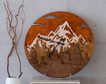 Mountains wall clock, Forest wall clock, Large wall clock unique, Nature wall clock, Modern wall clock silent, Wooden wall clock large