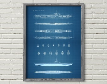 Digital Poster, INSTANT DOWNLOAD, Decorative Wall Art Blueprint submarine “U-Boat Type VII D”