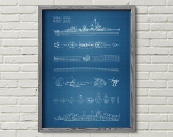 Digital Poster, INSTANT DOWNLOAD, Decorative Wall Art Blueprint ship “Fletcher destroyer”