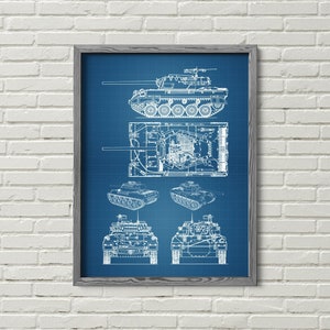 May include: A blueprint style illustration of a tank in various views. The tank is shown from the top, side, front, and rear. The illustration is printed on a blue background and framed in a dark wood frame.