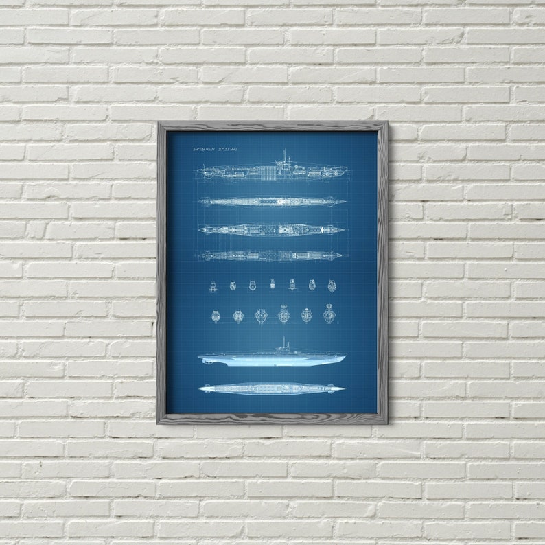 May include: A blueprint style illustration of a submarine, with a blue background and white lines. The illustration shows the submarine from different angles, including a side view, a top view, and a cross-section. The submarine is labeled "U-Boat Type VII".
