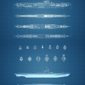 May include: A blueprint drawing of a submarine, showing the top, bottom, and side views. The drawing includes details of the submarine's interior and exterior, as well as its dimensions. The drawing is labeled with the submarine's name and specifications.