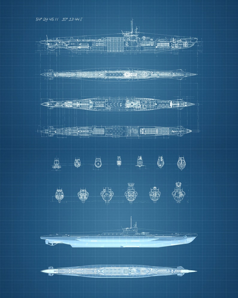 May include: A blueprint drawing of a submarine, showing the top, bottom, and side views. The drawing includes details of the submarine's interior and exterior, as well as its dimensions. The drawing is labeled with the submarine's name and specifications.