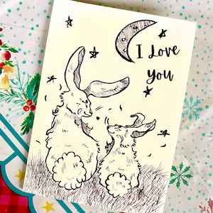I Love You Bunny Greeting Card & Envelope- Cute Bunny Adorable Valentines Card- Cottagecore Illustration Stationary