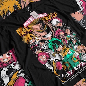 May include: Black t-shirt with a graphic print of characters from the anime My Hero Academia. The characters are in various poses and expressions, with the text "MY HERO ACADEMIA" and "ユアネクス" in Japanese. The text below the characters reads "I have to work harder than anyone else to make it. I'll never want to be like you... I look up to you... the strong."