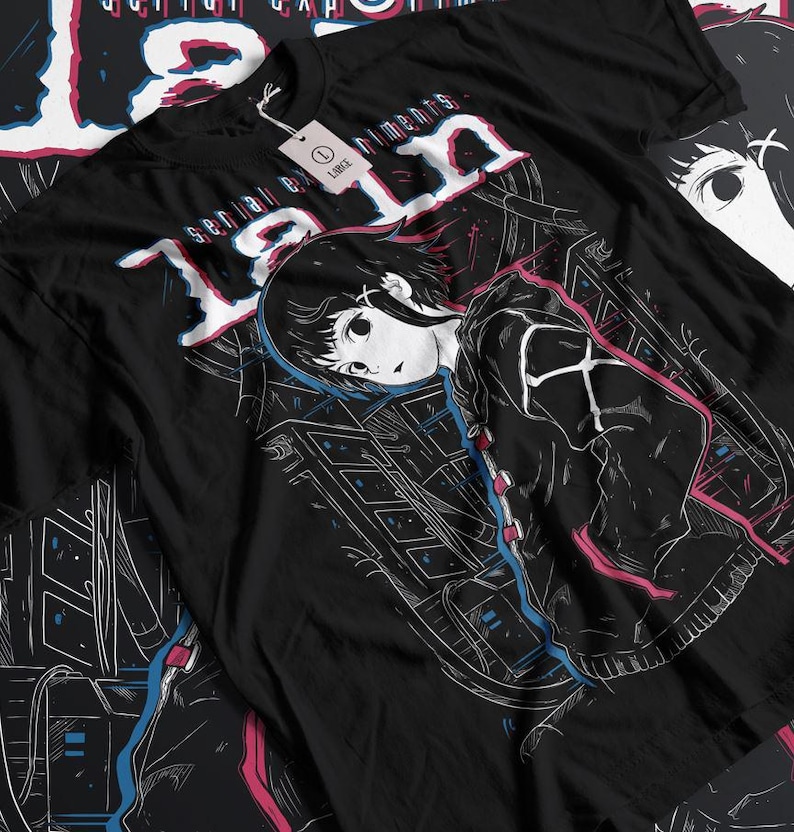 May include: Black t-shirt with a white graphic of a girl with black hair and a white hoodie. The text "Serial Experiments Lain" is written in white with a pink outline.