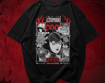 May include: Black t-shirt with a graphic print of a woman with spiral eyes and the text "Junji Ito Uzumaki Spiral into Horror 1998-2000".
