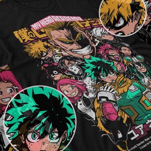 May include: Black t-shirt with a graphic print of characters from the anime My Hero Academia. The text "My Hero Academia" is written in Japanese and English. The characters are depicted in a colorful, stylized manner. The text "I have to work harder than a I want to be" is printed at the bottom of the shirt.