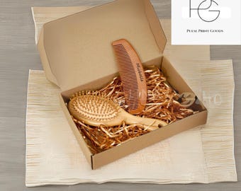 Personalized Bamboo Hair Brush Set-Natural Wooden Comb-Cushion Brush-Engraved Name in Gift Box TravelFriendly Suitable for All Hair Types