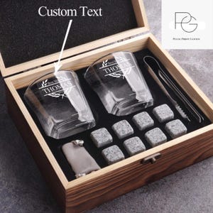 Personalized Whiskey Glass Gift Set with Wooden Box - Groomsmen Gift, Engraved Whiskey Set for Him, Christmas & Anniversary Gift for Dad