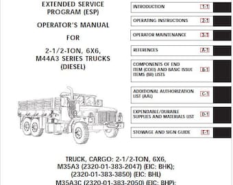 May include: Black and white line drawing of a 2-1/2-tonne, 6x6, M44A3 series cargo truck. The truck has a flatbed and is labelled "Truck, Cargo: 2-1/2-tonne, 6x6, M35A3 (2320-01-383-2047) (EIC: BHK); (2320-01-383-3850) (EIC: BHL)"