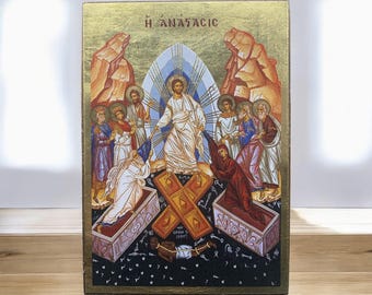 Icona bizantina della Resurrezione di Cristo / Serigrafia su tela montata su legno naturale