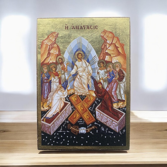 Byzantine Icon of the Resurrection of Christ | Silkscreen on Canvas Mounted on Natural Wood